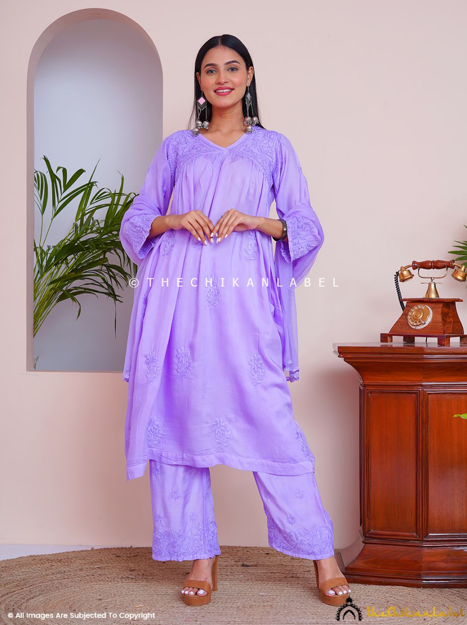 lavender chikankari kurti pant set with dupatta in muslin fabric for women, Lucknow chikankari kurta set 4