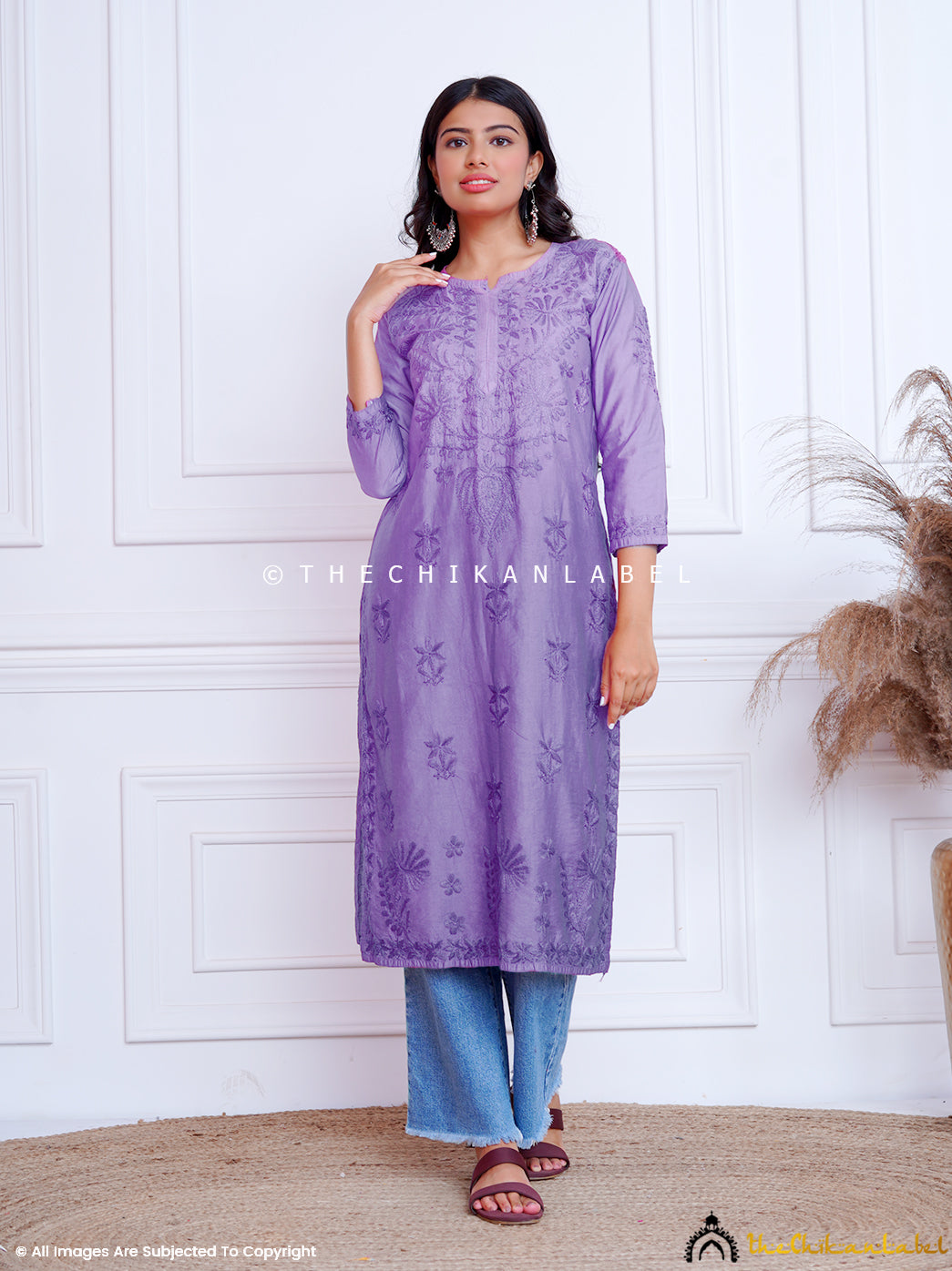 Lavender Fiza Chanderi Chikankari Straight Kurti ,Chikankari Straight Kurti in Chanderi fabric For Woman
