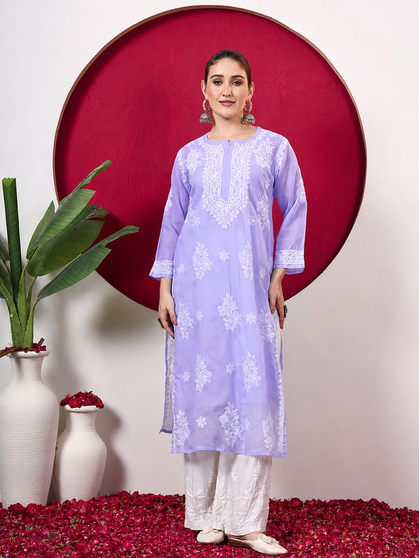 Chhavi Cotton Chikankari Straight Kurti with inner - Lavender