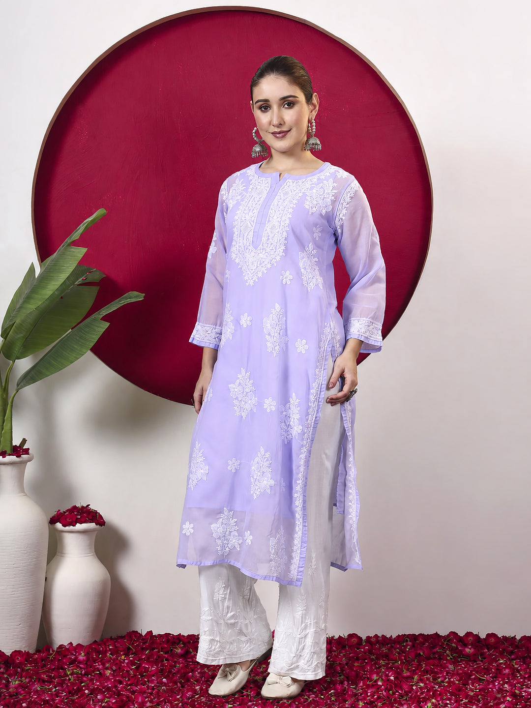 Chhavi Cotton Chikankari Straight Kurti with inner - Lavender