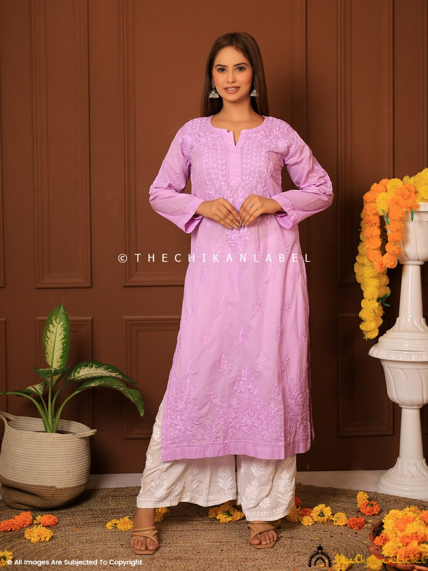 Lavender Riyad Cotton Chikankari Straight Kurti , Chikankari Straight Kurti in Riyad fabric For Woman