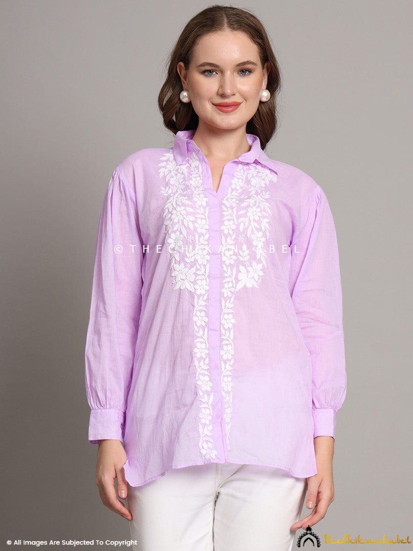 Drisha Mulmul Cotton Chikankari Shirt - Lavender | The Chikan Label