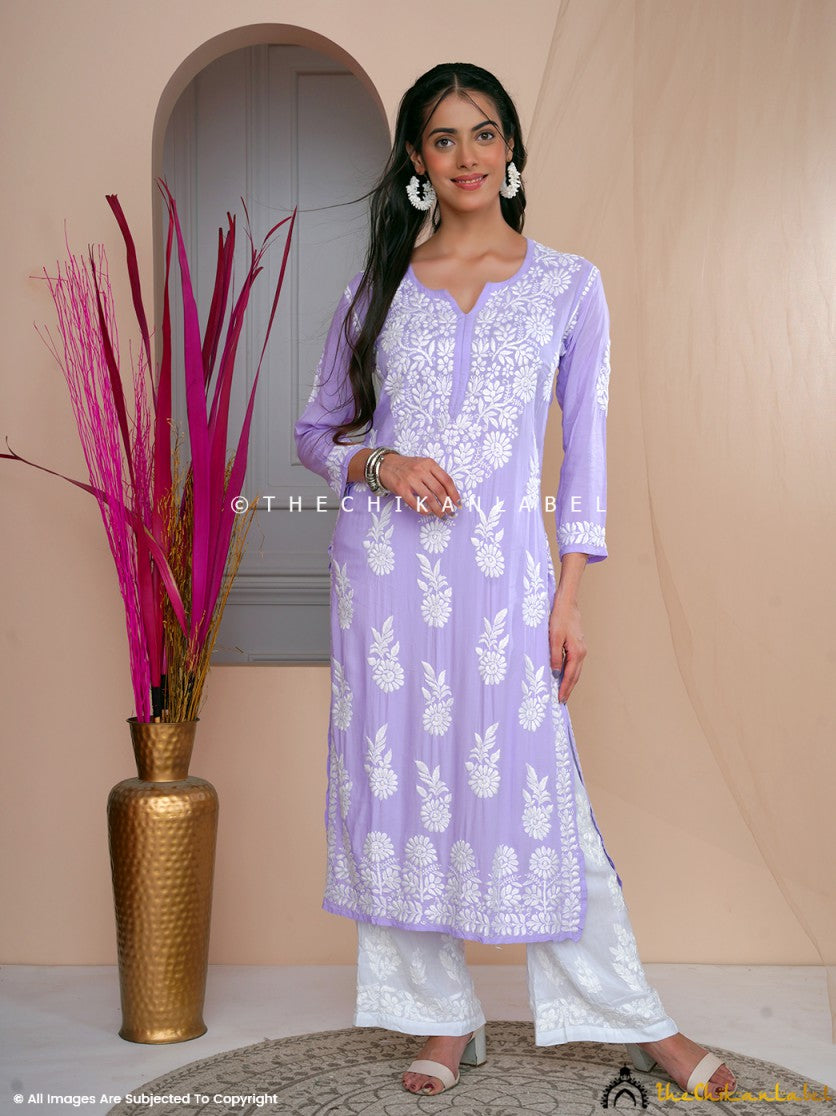 Lavender Aidah Modal Chikankari Straight Kurti ,Chikankari Straight Kurti in Modal Fabric For Woman