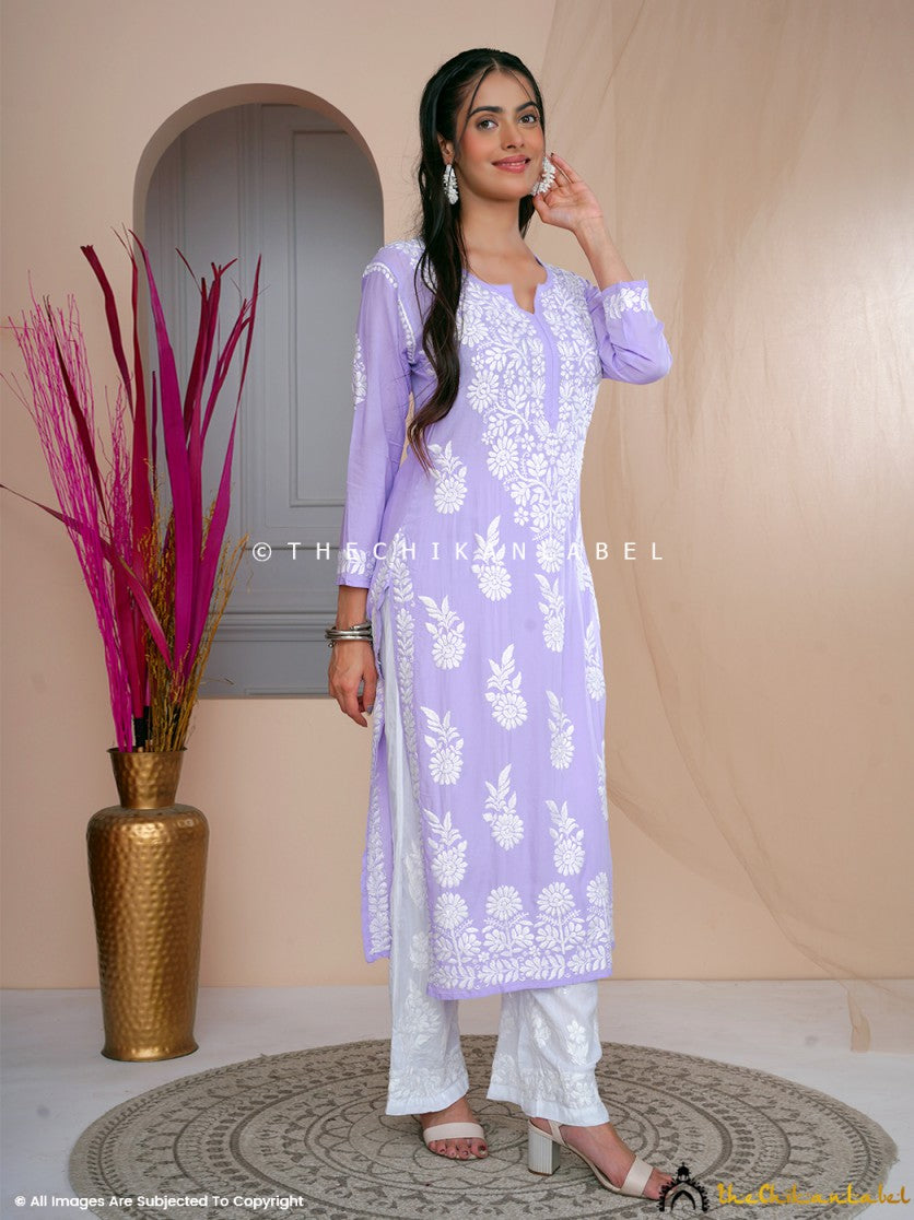 chikankari straight kurtis, modal chikankari kurti, chikankari straight kurti in modal fabric online, Buy lavender chikankari kurti online for women at best prices