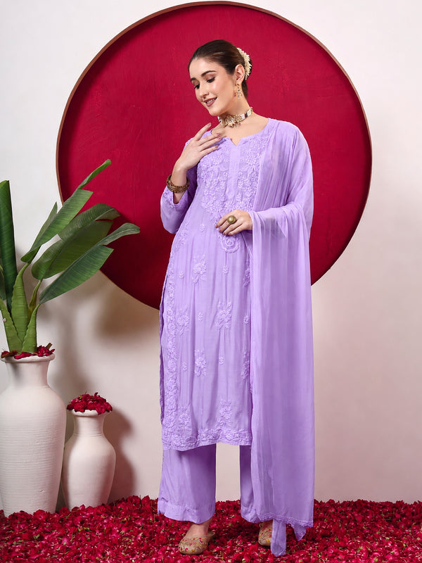Yamika Muslin Chikankari Straight Kurta Set with Dupatta - Lavender