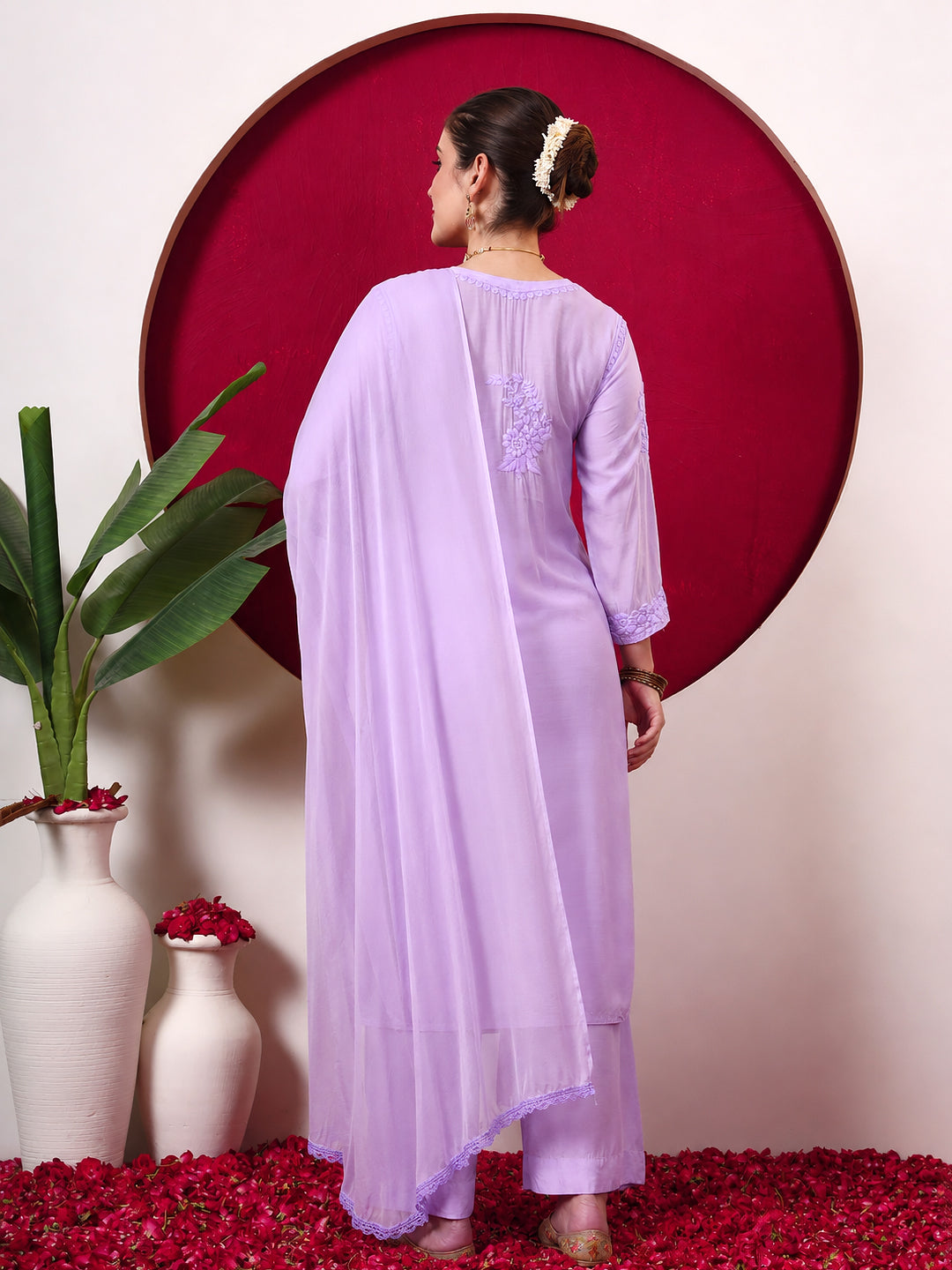 Yamika Muslin Chikankari Straight Kurta Set with Dupatta - Lavender