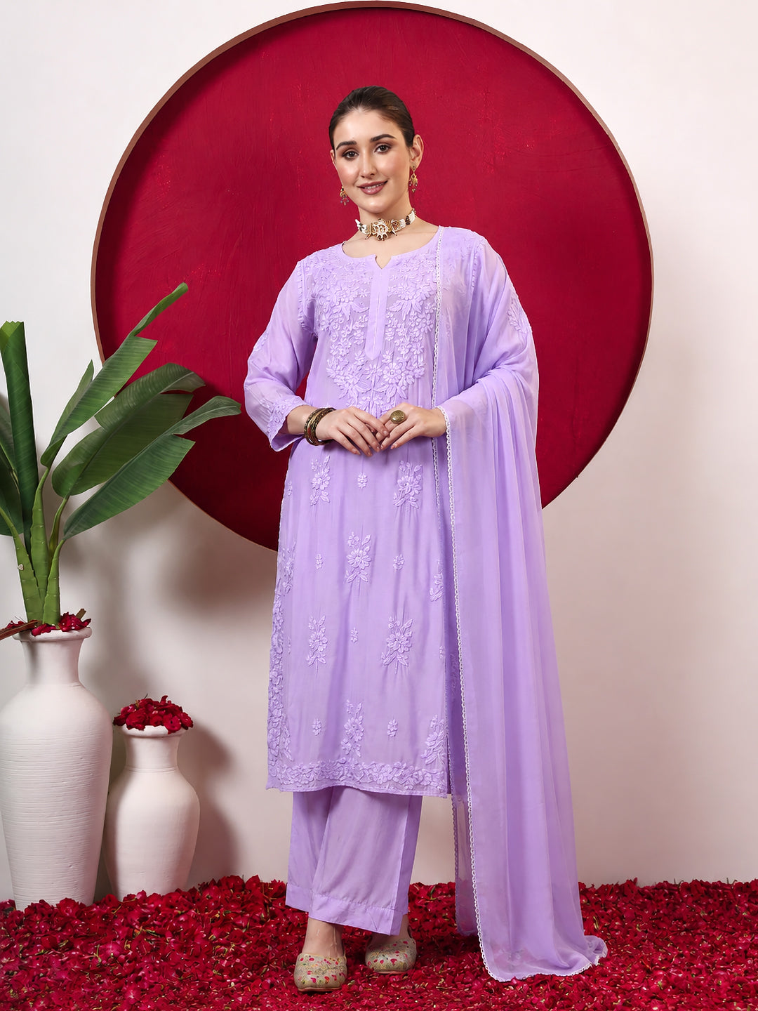 Yamika Muslin Chikankari Straight Kurta Set with Dupatta - Lavender