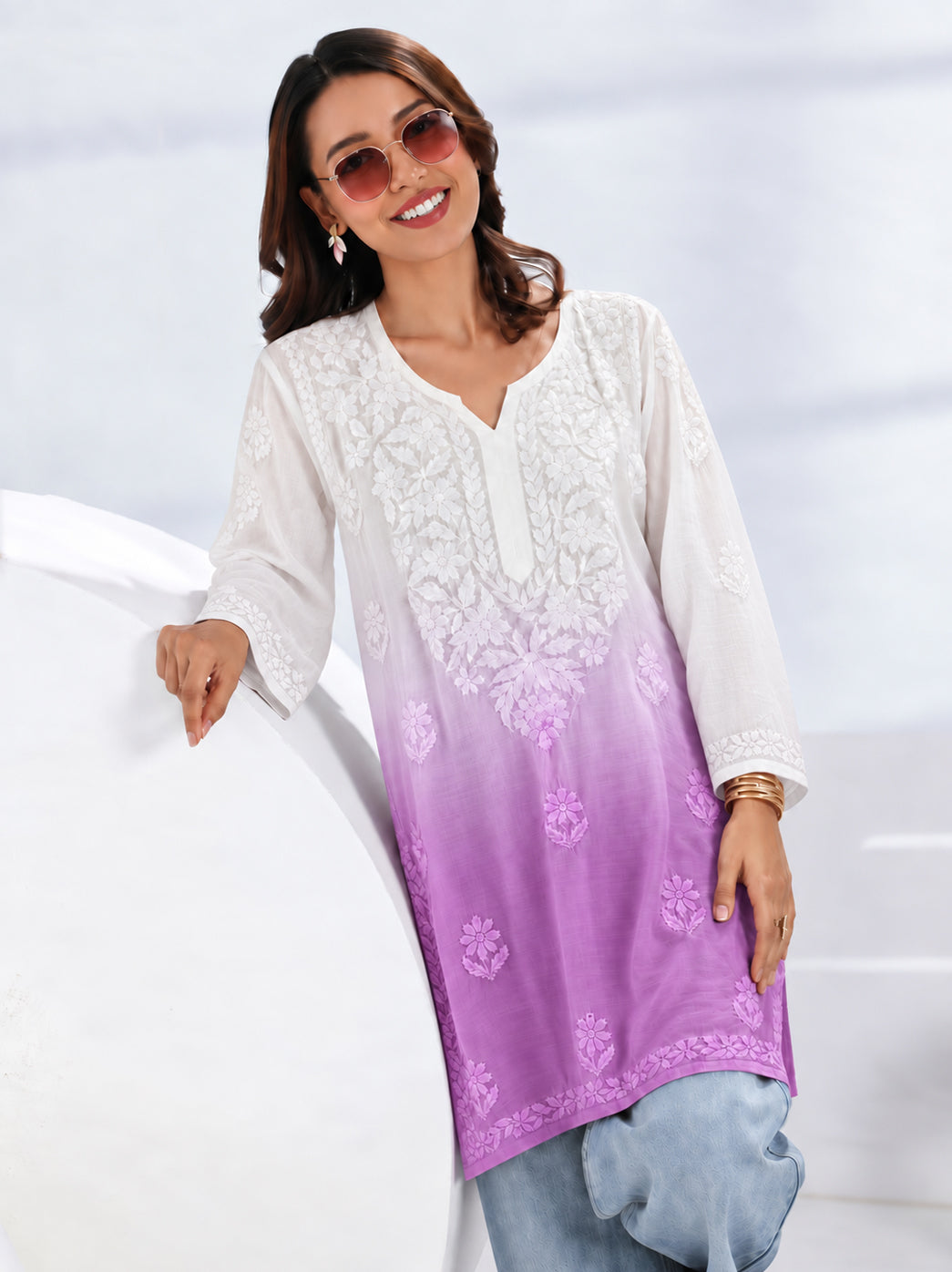Megha Muslin Chikankari Straight Kurti - Lavender