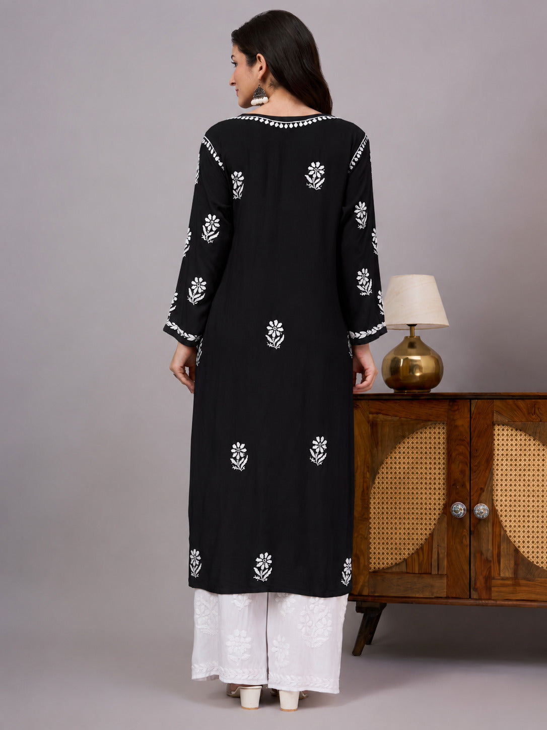 Traditional Rayon Straight Kurti with detailed hand-embroidered Chikankari work, full sleeves, straight fit, and timeless ethnic styling suitable for daily wear and festive occasions.