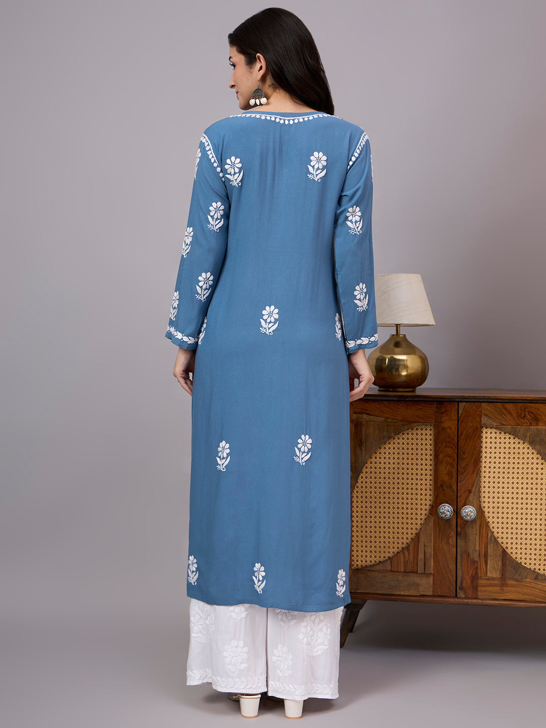 Traditional Rayon Straight Kurti with detailed hand-embroidered Chikankari work, full sleeves, straight fit, and timeless ethnic styling suitable for daily wear and festive occasions.