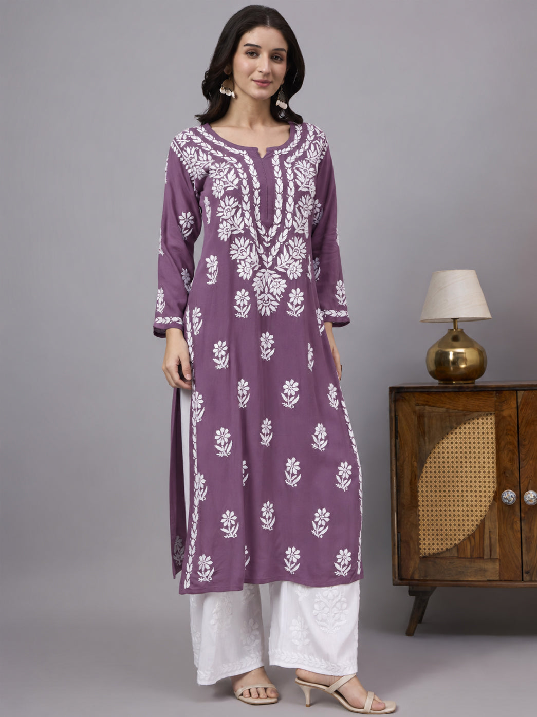 Liba Rayon Chikankari Straight Kurta - Dusty Orchid