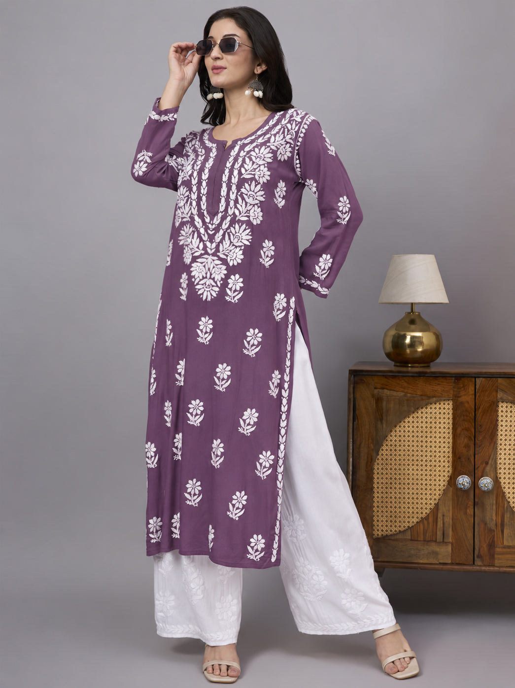 Liba Rayon Chikankari Straight Kurta - Dusty Orchid