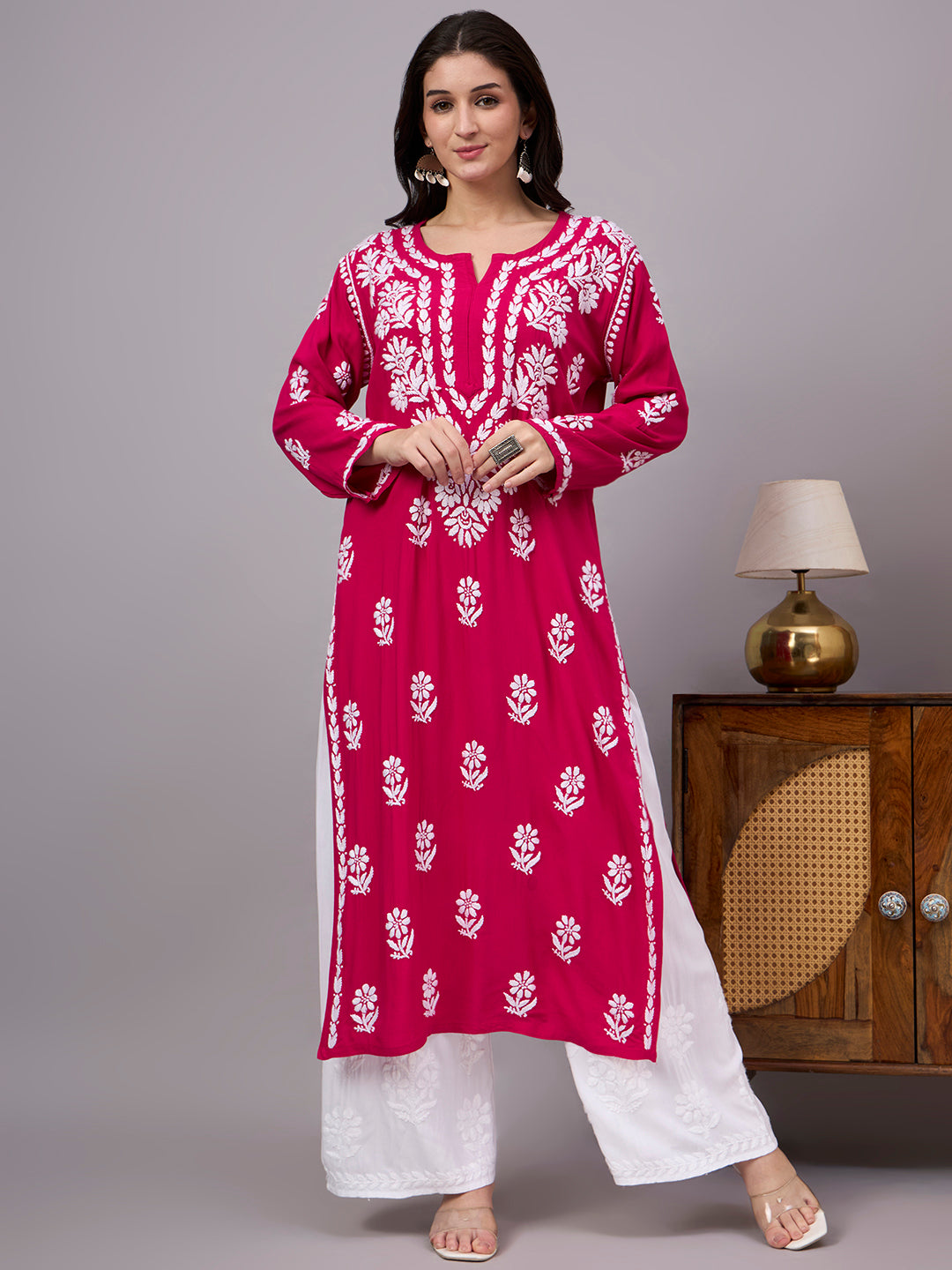 Traditional Rayon Straight Kurti with detailed hand-embroidered Chikankari work, full sleeves, straight fit, and timeless ethnic styling suitable for daily wear and festive occasions.