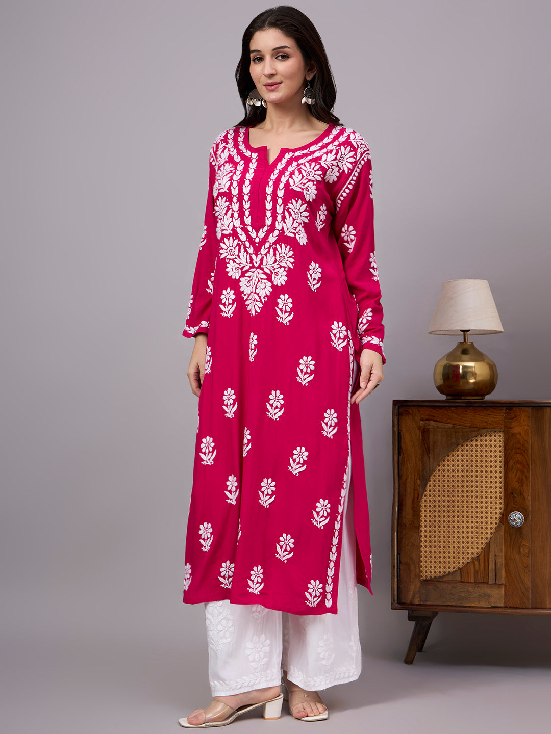 Elegant women's Chikankari Kurta showcasing authentic handcrafted floral embroidery on premium rayon fabric, designed for comfort, style, and all-day wear.