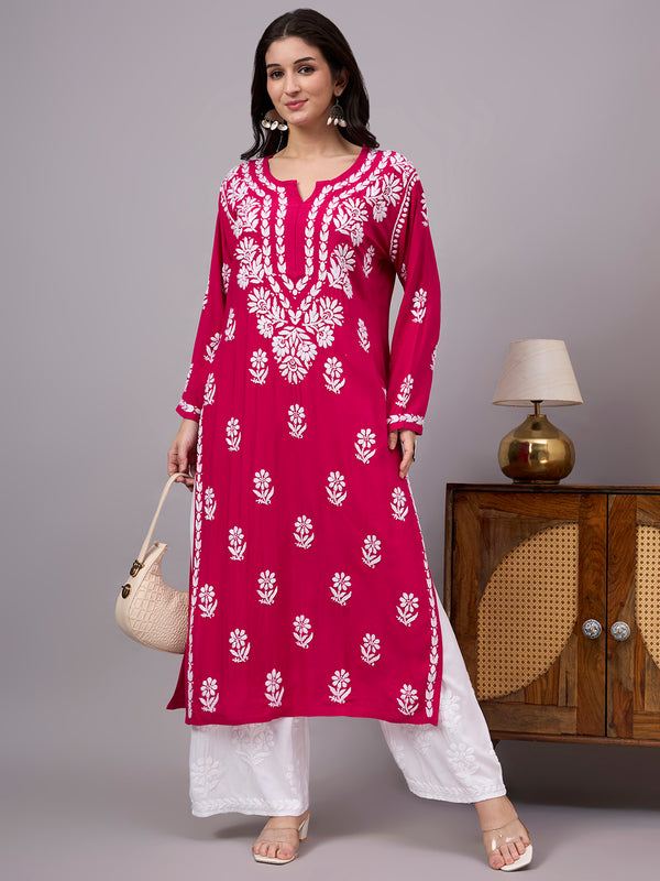 Traditional Rayon Straight Kurti crafted by skilled artisans with authentic Chikankari embroidery, offering breathable comfort, elegant styling, and versatile ethnic fashion for women.