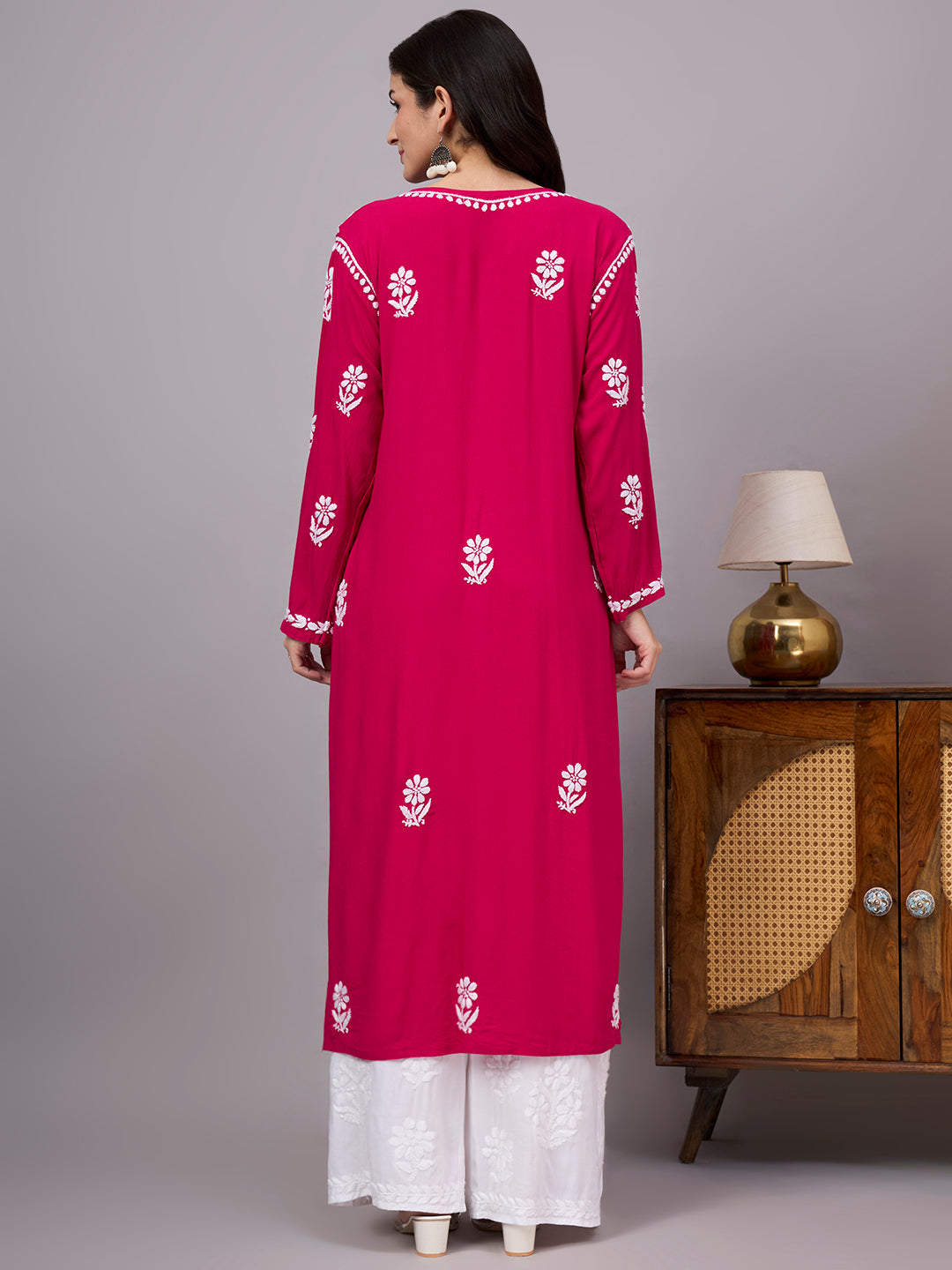 Premium Chikankari Kurta for women crafted from soft rayon fabric with intricate handcrafted embroidery, making it a comfortable regular wear kurti for office and casual outings.
