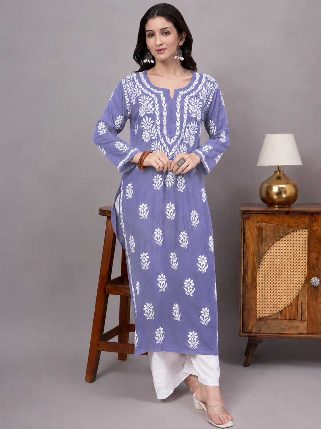 Liba Rayon Chikankari Straight Kurta - Lavender