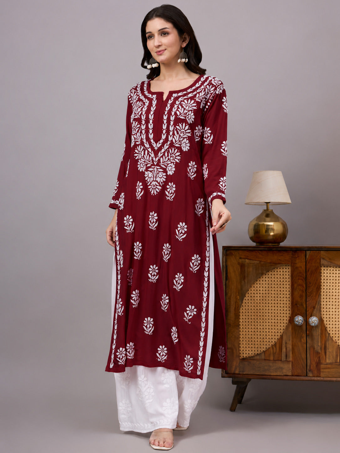 Elegant Rayon Straight Kurti showcasing traditional handcrafted Chikankari work with a classic straight silhouette suitable for office wear and casual occasions.