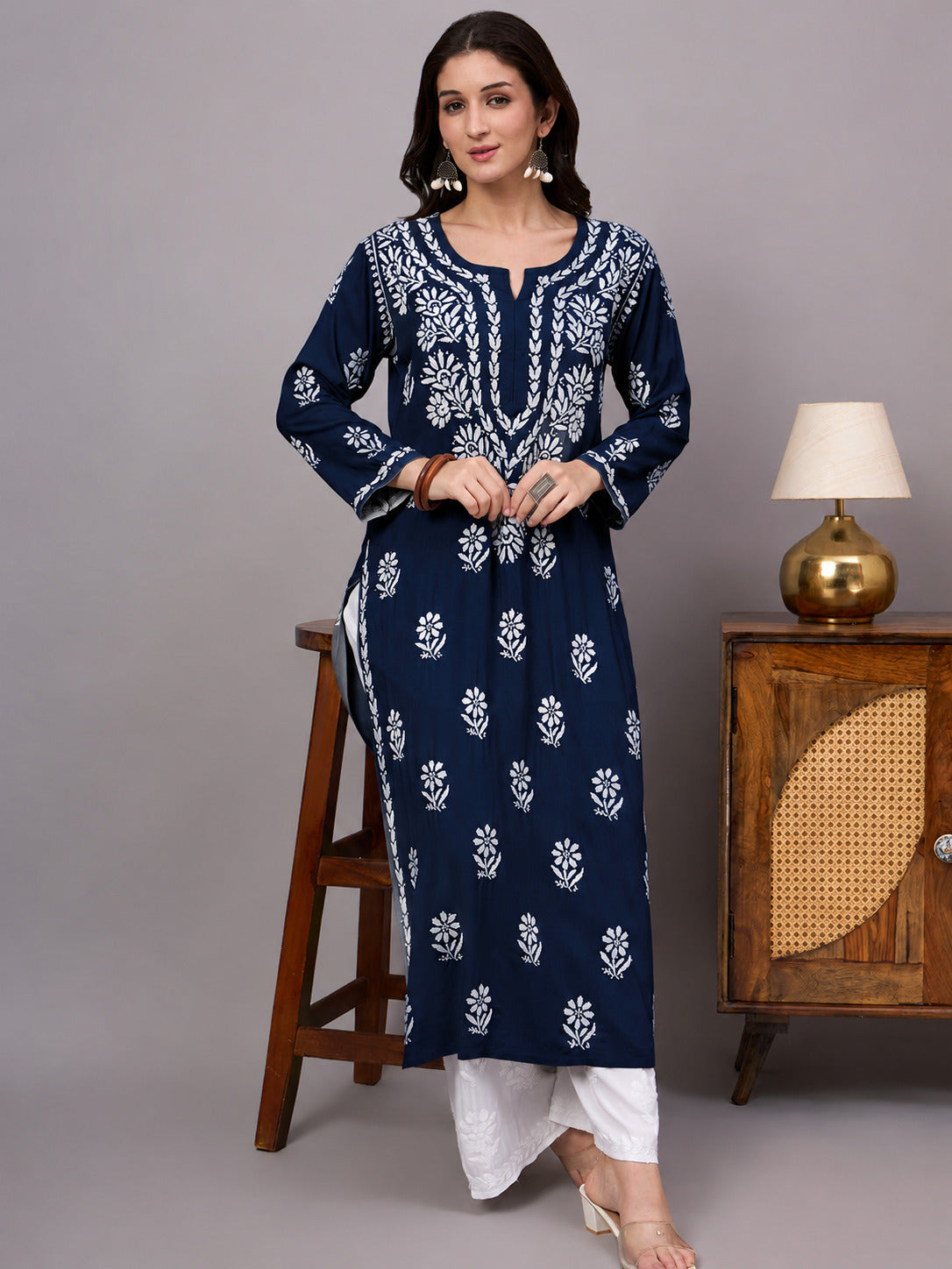 Handcrafted Rayon Straight Kurti for women featuring authentic Lucknow Chikankari embroidery with a straight fit designed for everyday comfort and timeless ethnic style.