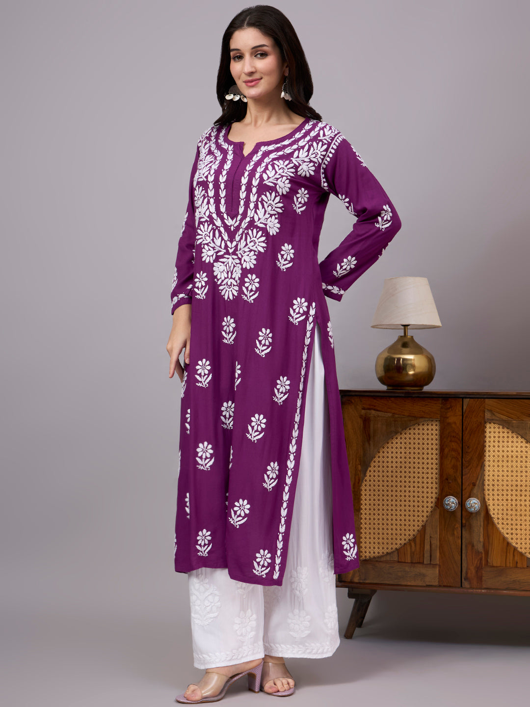 Premium Chikankari Kurta for women crafted from soft rayon fabric with intricate handcrafted embroidery, making it a comfortable regular wear kurti for office and casual outings.