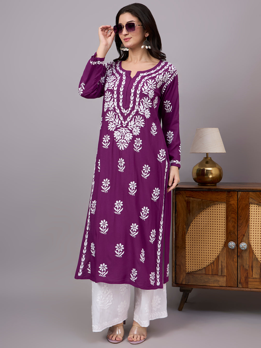 Traditional Rayon Straight Kurti with detailed hand-embroidered Chikankari work, full sleeves, straight fit, and timeless ethnic styling suitable for daily wear and festive occasions.