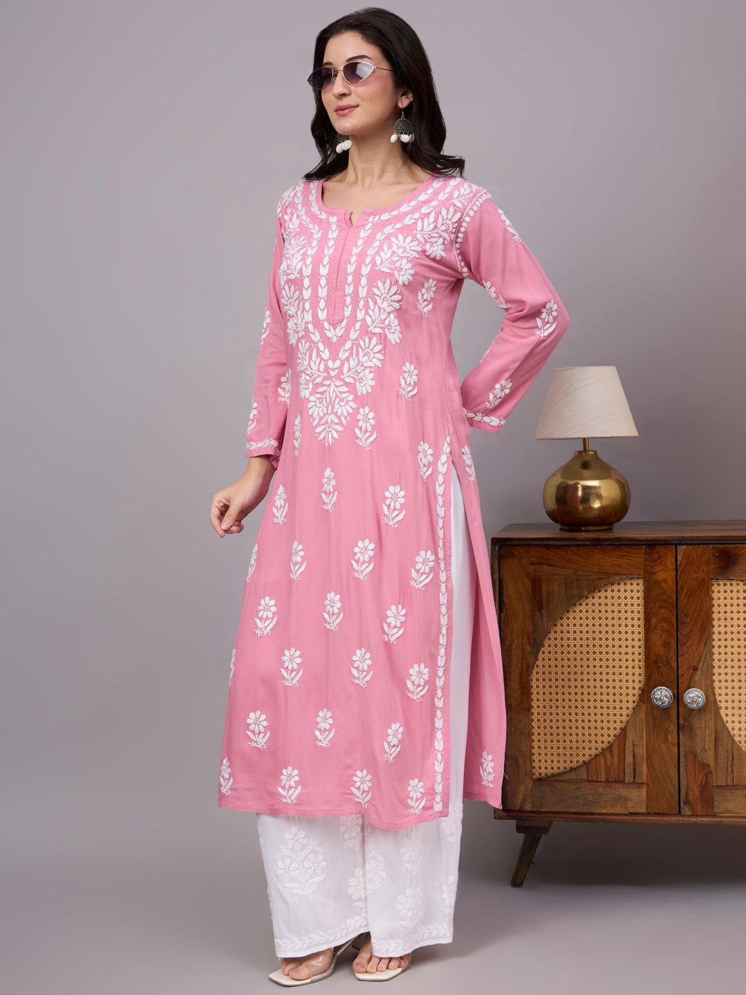 Handcrafted Rayon Straight Kurti for women featuring authentic Lucknow Chikankari embroidery with a straight fit designed for everyday comfort and timeless ethnic style.