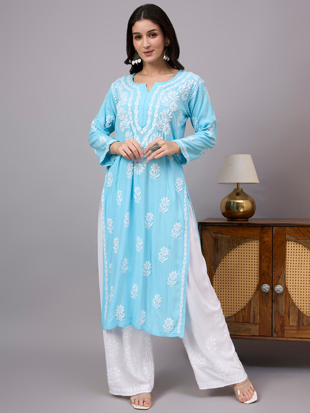 Liba Rayon Chikankari Straight Kurta - Sky Blue