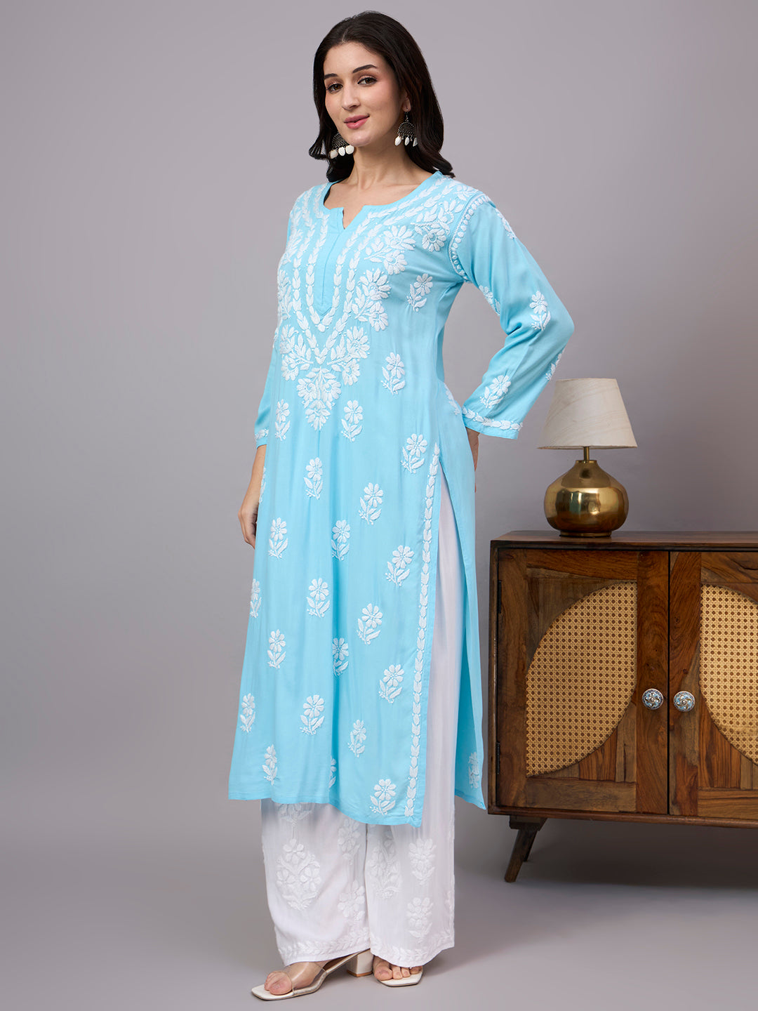 Liba Rayon Chikankari Straight Kurta - Sky Blue