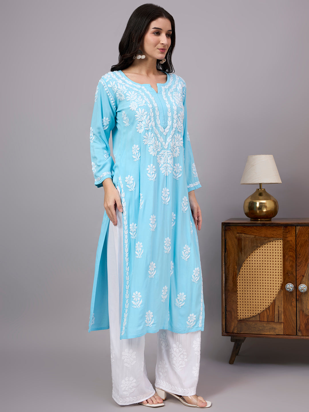 Liba Rayon Chikankari Straight Kurta - Sky Blue