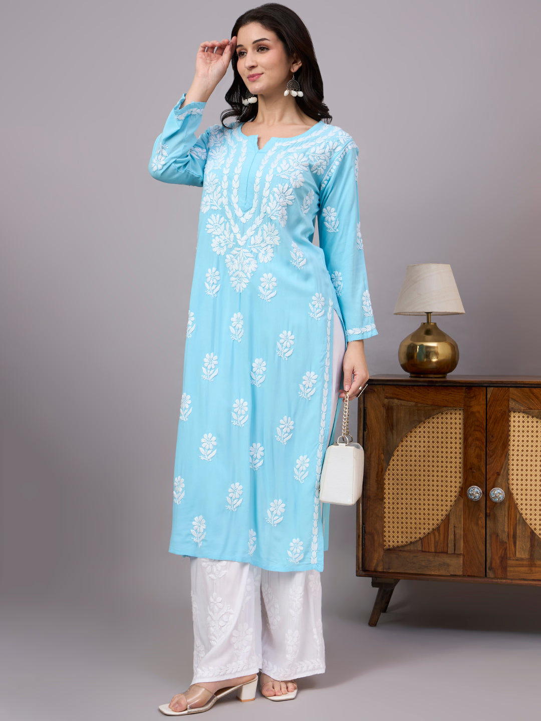 Liba Rayon Chikankari Straight Kurta - Sky Blue