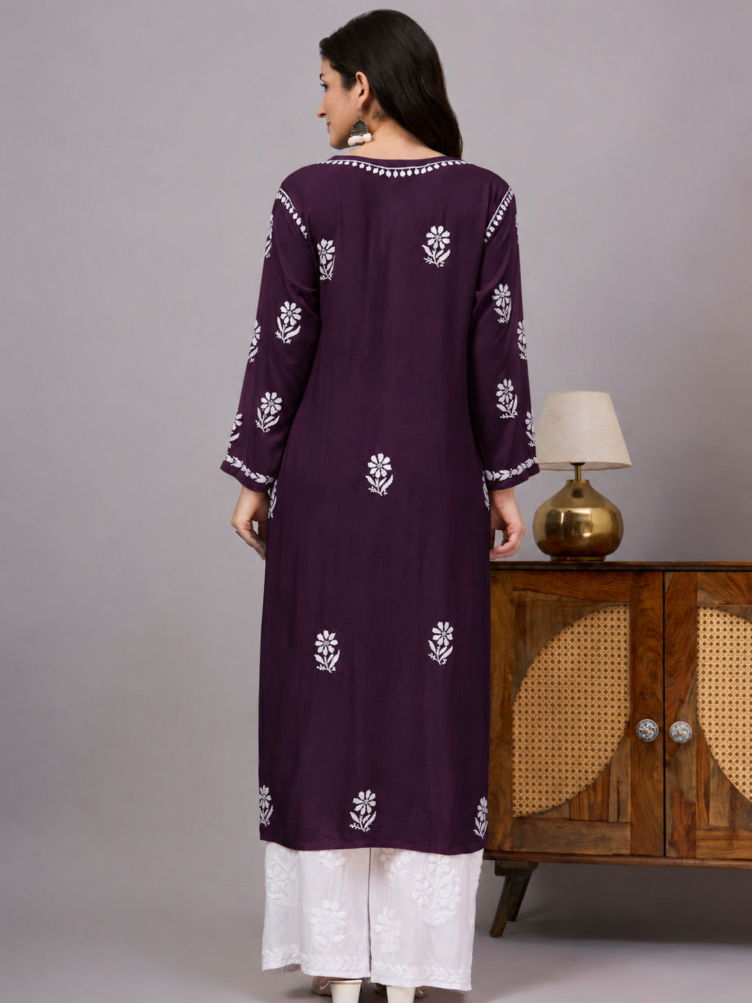 Premium ethnic Rayon Straight Kurti with handcrafted floral Chikankari embroidery, lightweight fabric, and comfortable design ideal for daily wear and special occasions.