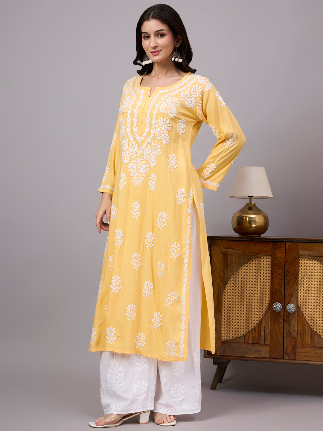Designer Rayon Straight Kurti with handcrafted Lucknow Chikankari embroidery, perfect for workwear, festive occasions, and daily ethnic styling.