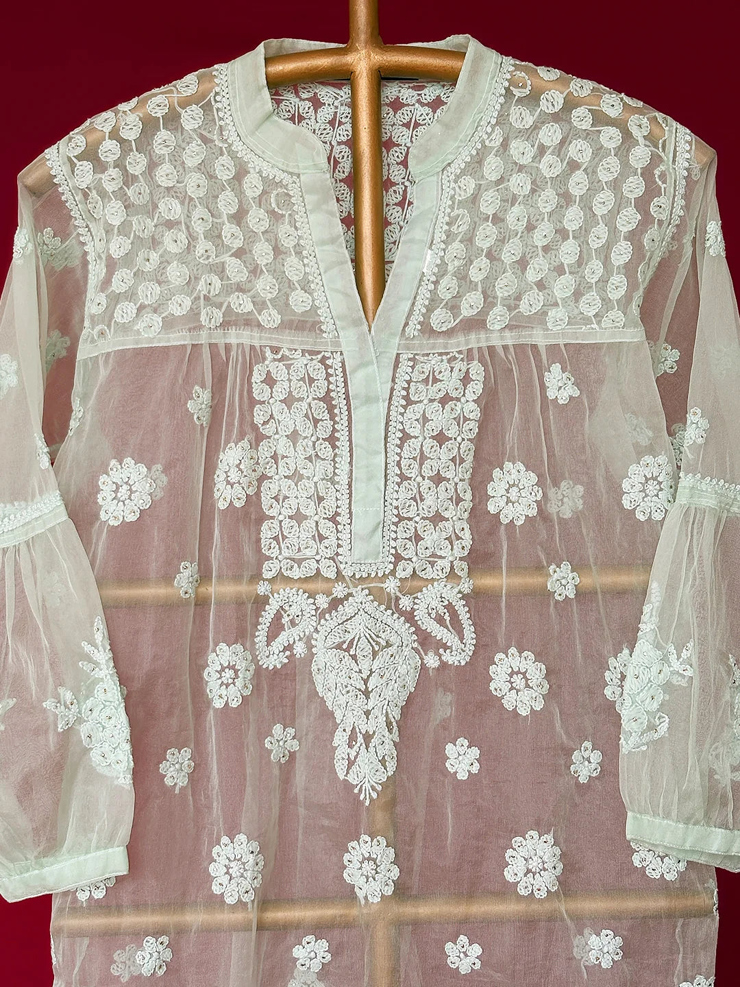 Aashna Organza Chikankari Short Kurta - Light Green