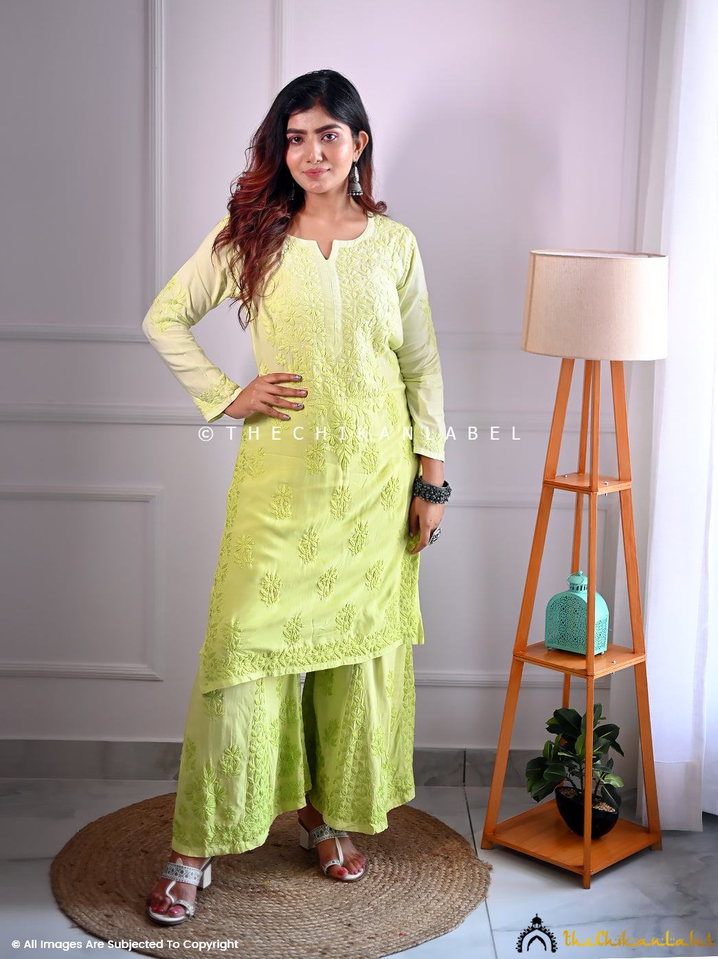 Nazakat Lime Green Rayon Chikankari Kurti Set ,Chikankari Kurti Set in Rayon fabric For Woman