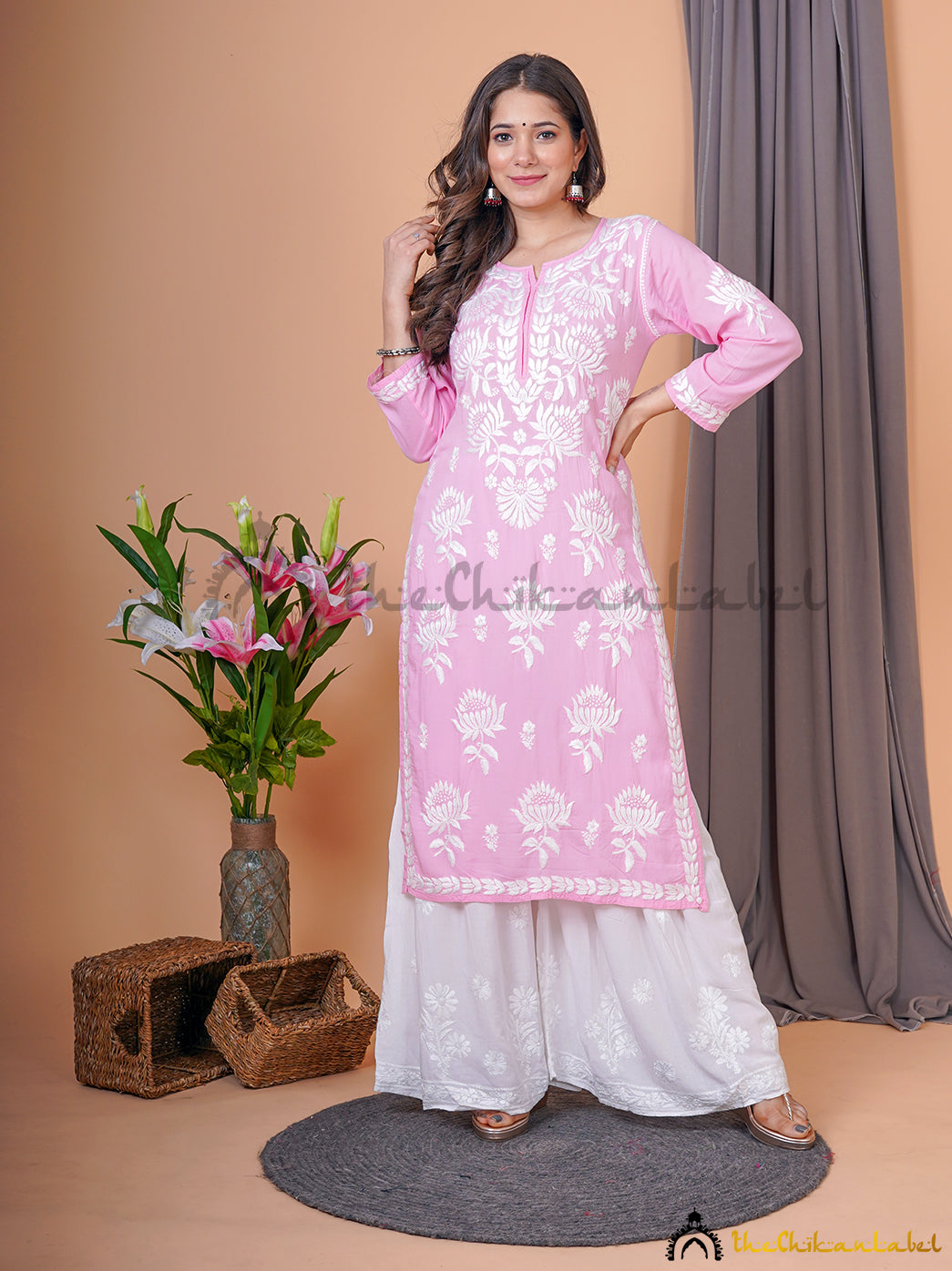 Baby Pink Modal Chikankari Straight Kurti
