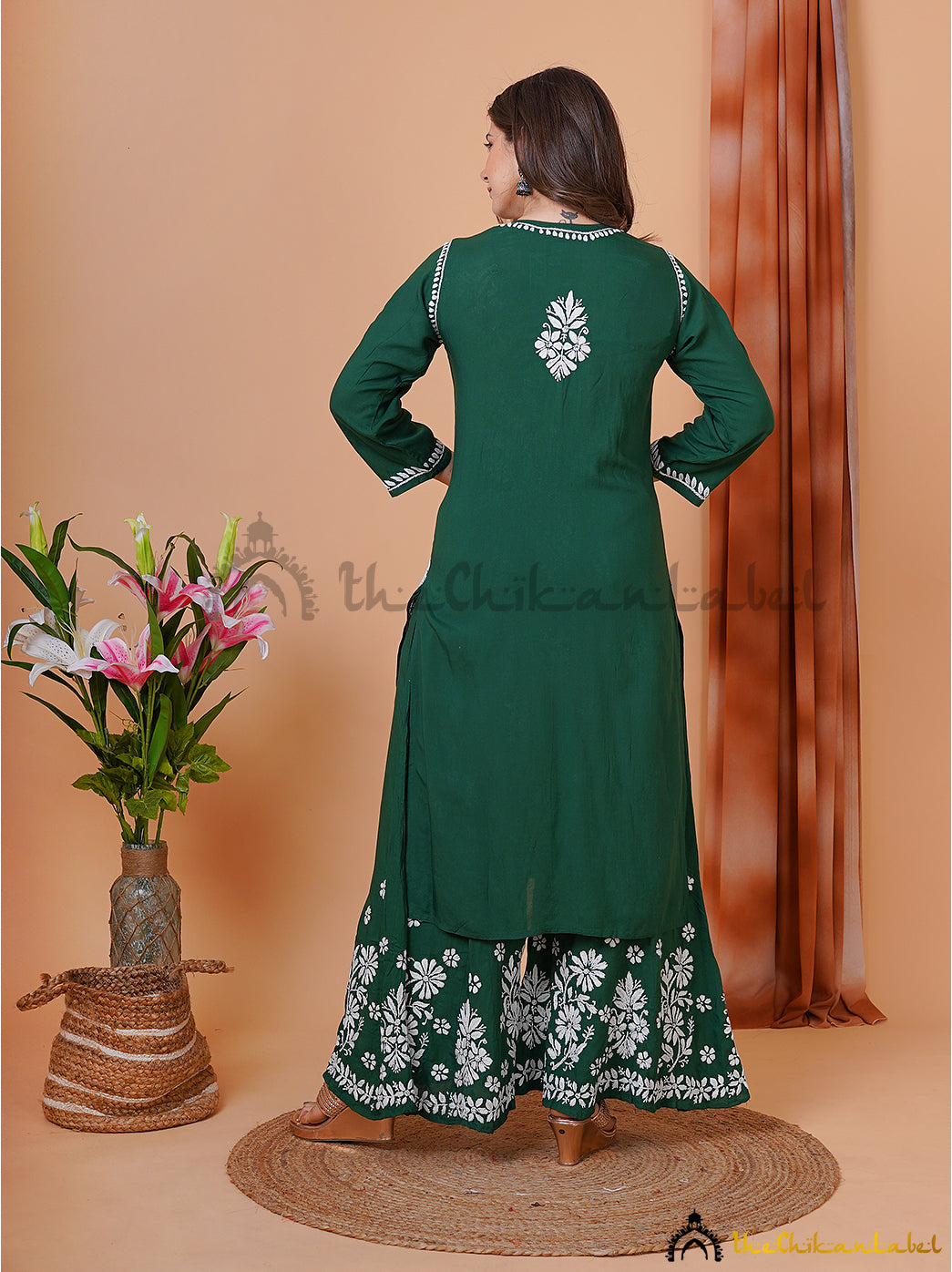 Green Modal Chikankari Kurti Palazzo Set