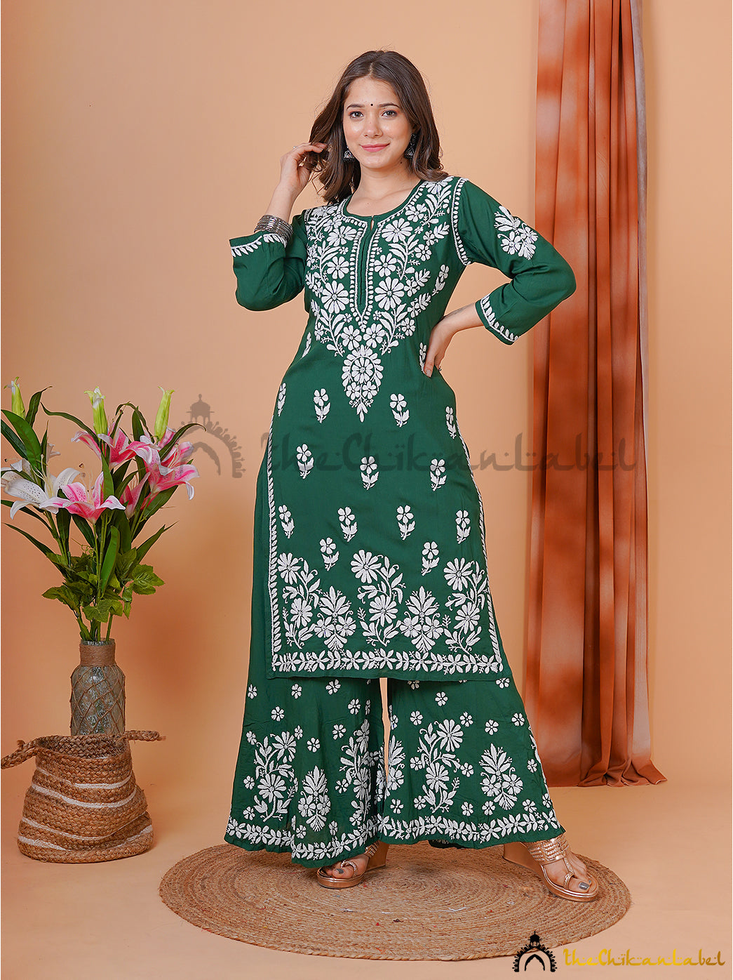 Green Modal Chikankari Kurti Palazzo Set