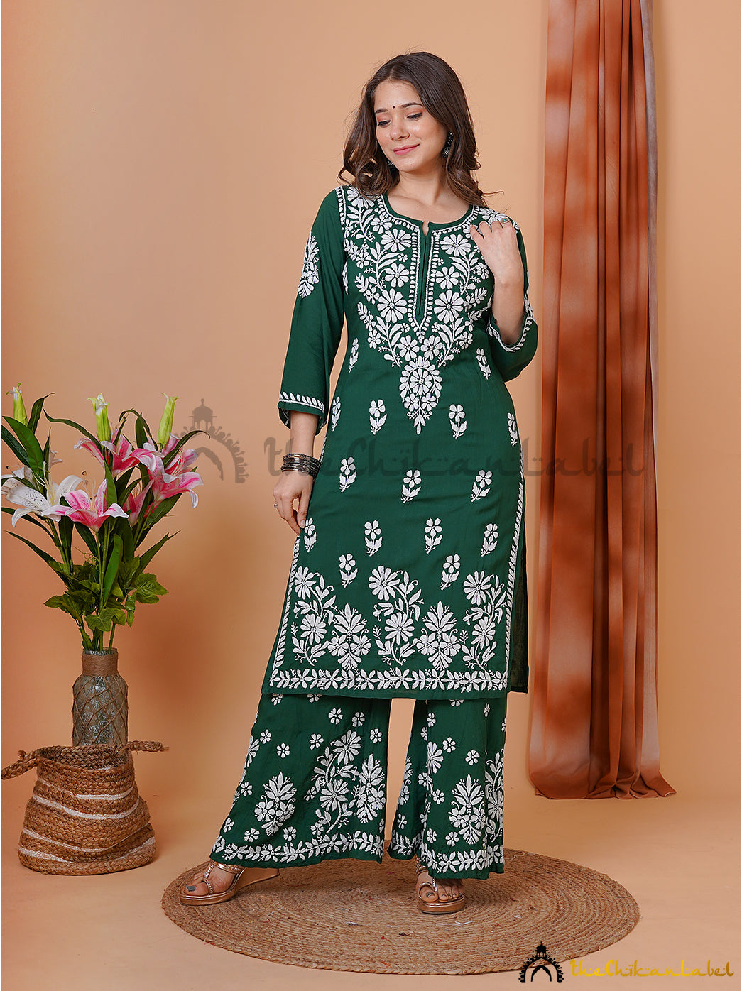 Green Modal Chikankari Kurti Palazzo Set