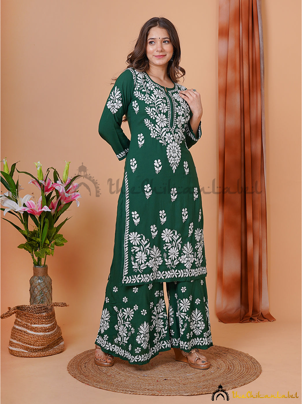 Green Modal Chikankari Kurti Palazzo Set