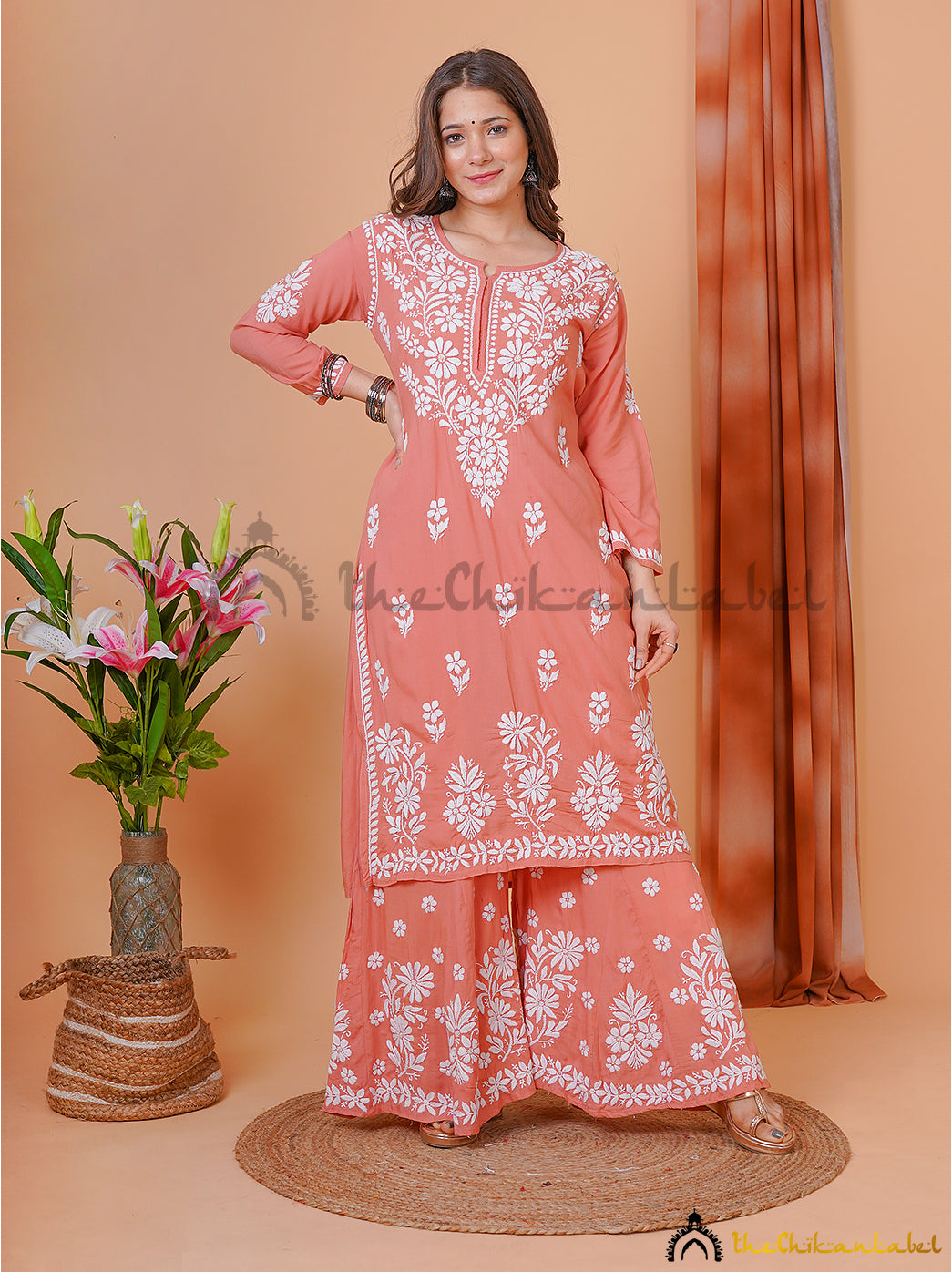 Coral Modal Chikankari Kurti Palazzo Set