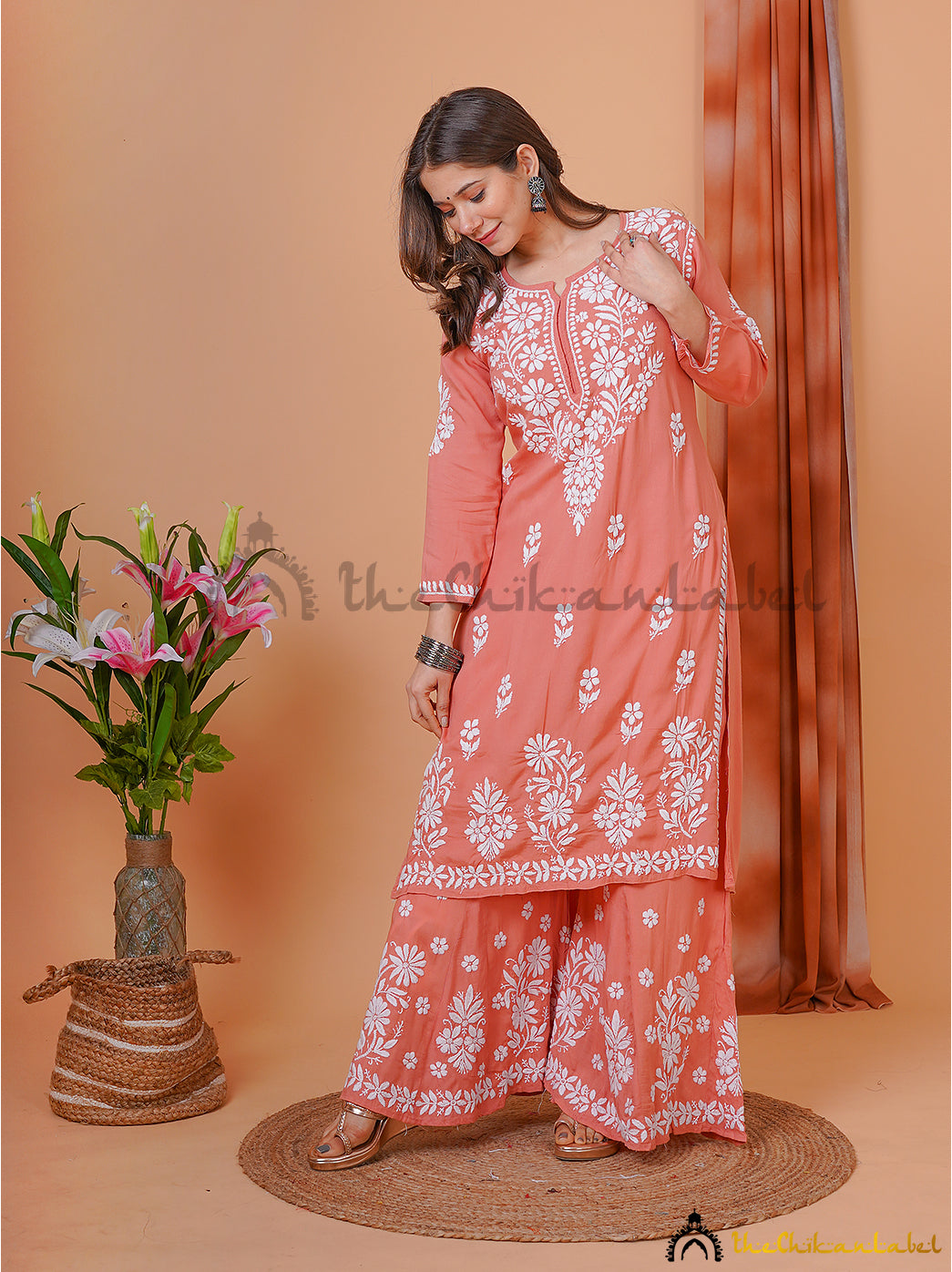 Coral Modal Chikankari Kurti Palazzo Set