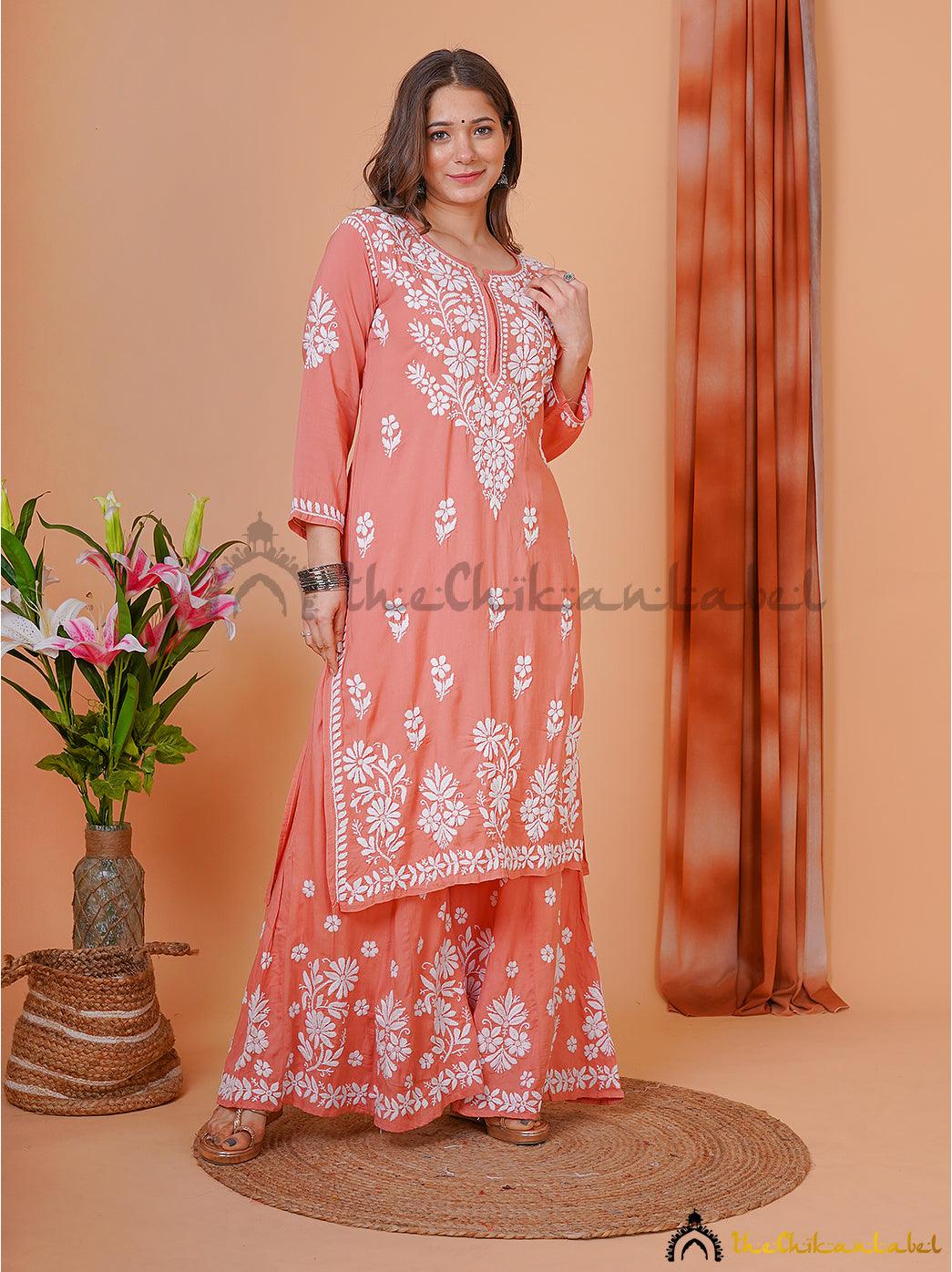 Coral Modal Chikankari Kurti Palazzo Set