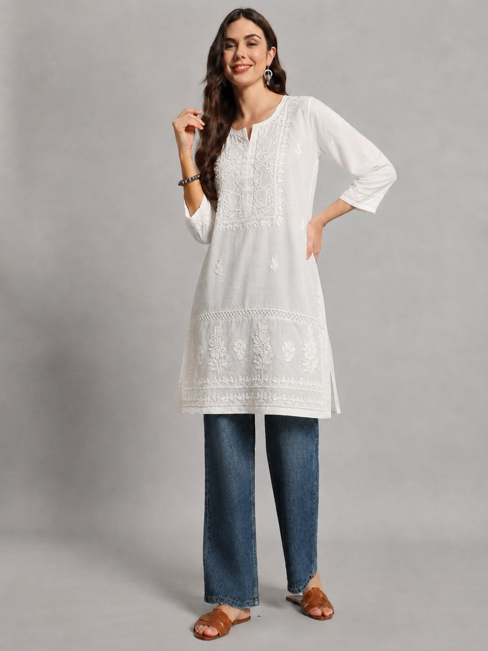 Chanderi Short Kurta for women featuring elegant Lucknowi Chikankari embroidery with premium handcrafted detailing and modern ethnic styling