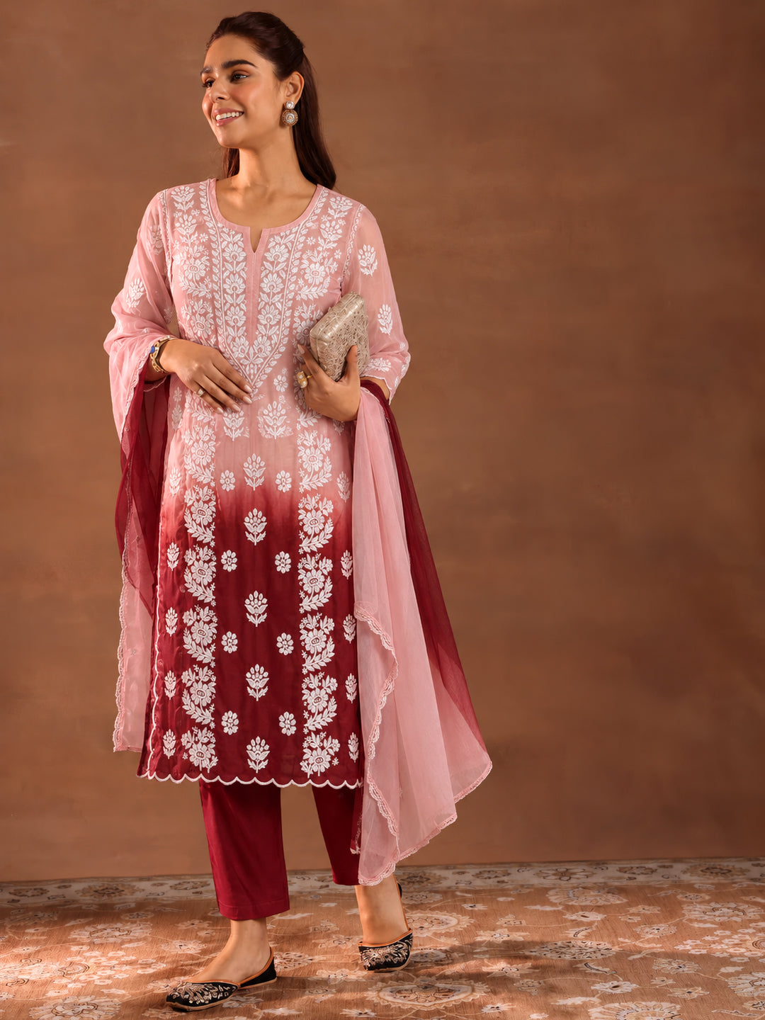 Mahira Muslin Chikankari Straight Kurta Set with Dupatta - Peach and Wine