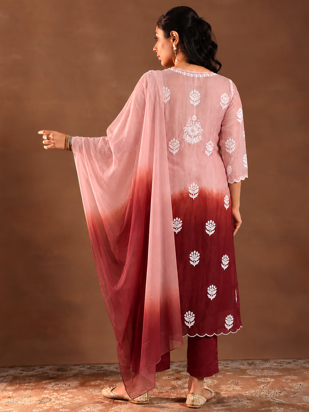 Mahira Muslin Chikankari Straight Kurta Set with Dupatta - Peach and Wine