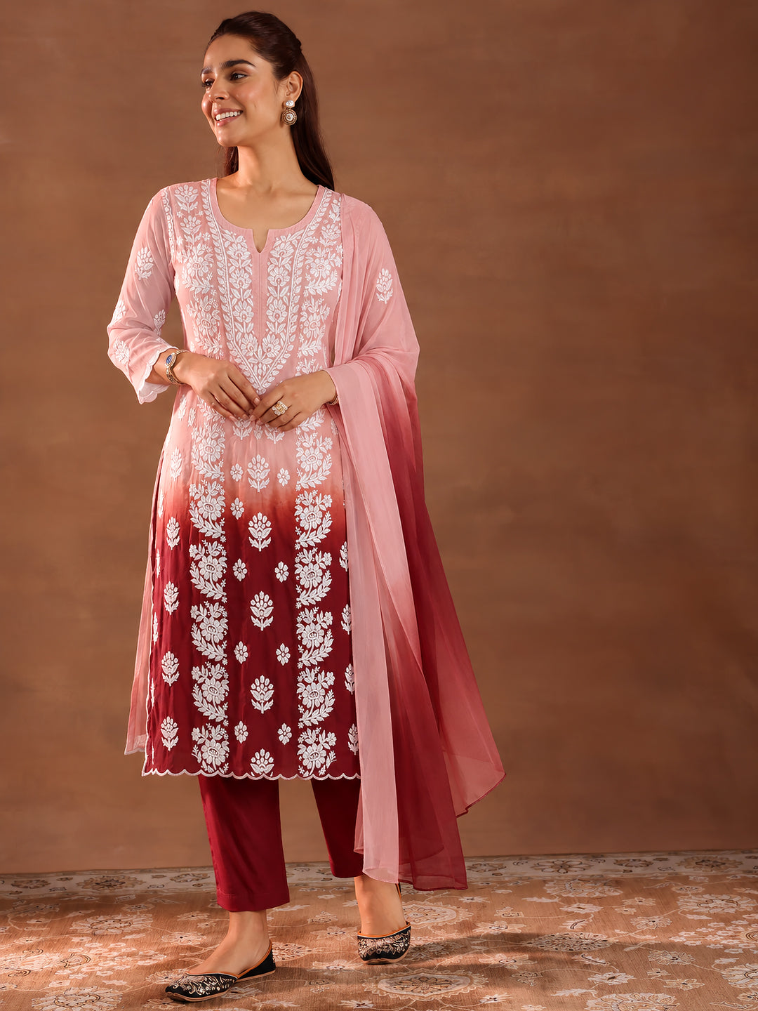 Mahira Muslin Chikankari Straight Kurta Set with Dupatta - Peach and Wine
