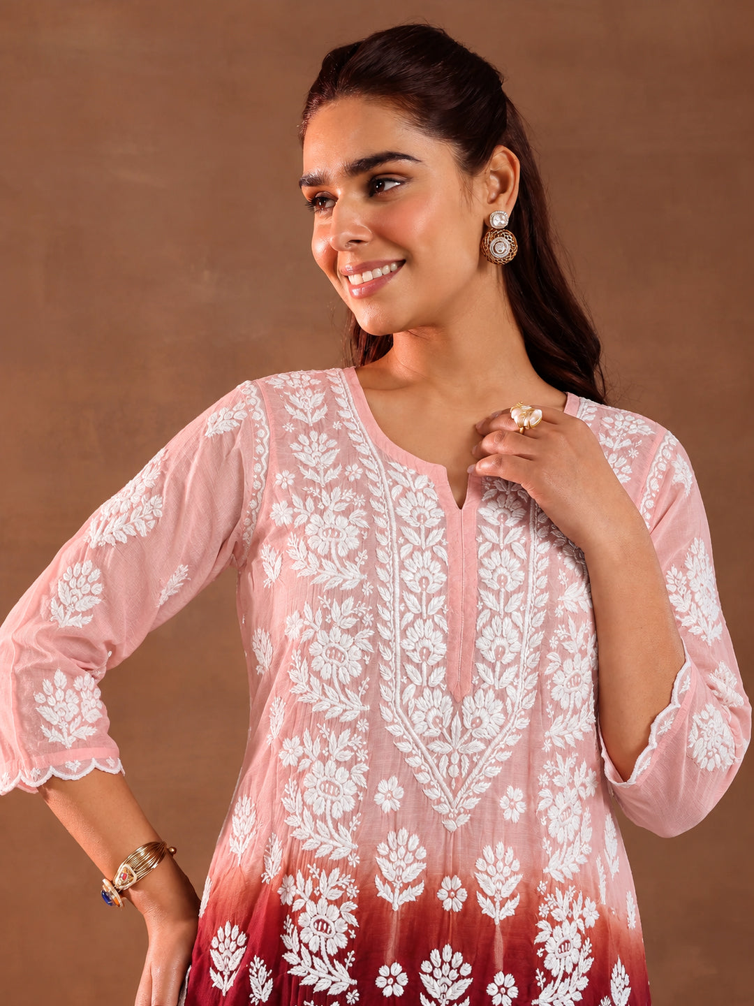 Mahira Muslin Chikankari Straight Kurta Set with Dupatta - Peach and Wine