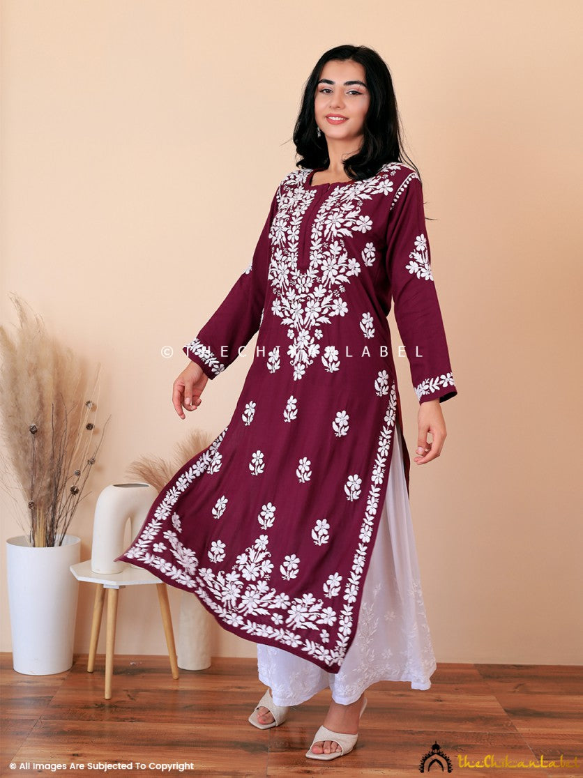Maroon Kiara Rayon Chikankari Straight Kurti ,Chikankari Straight Kurti in Rayon fabric For Woman