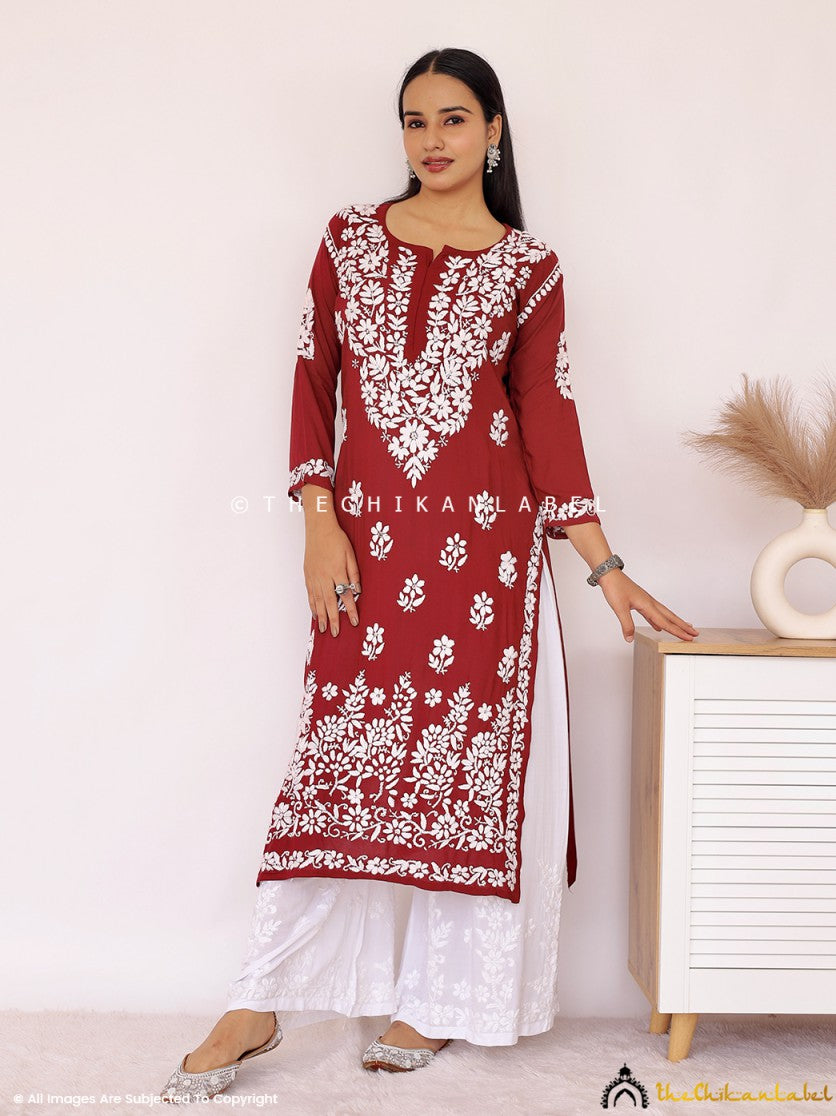 Maroon Aashi Modal Chikankari Straight Kurti