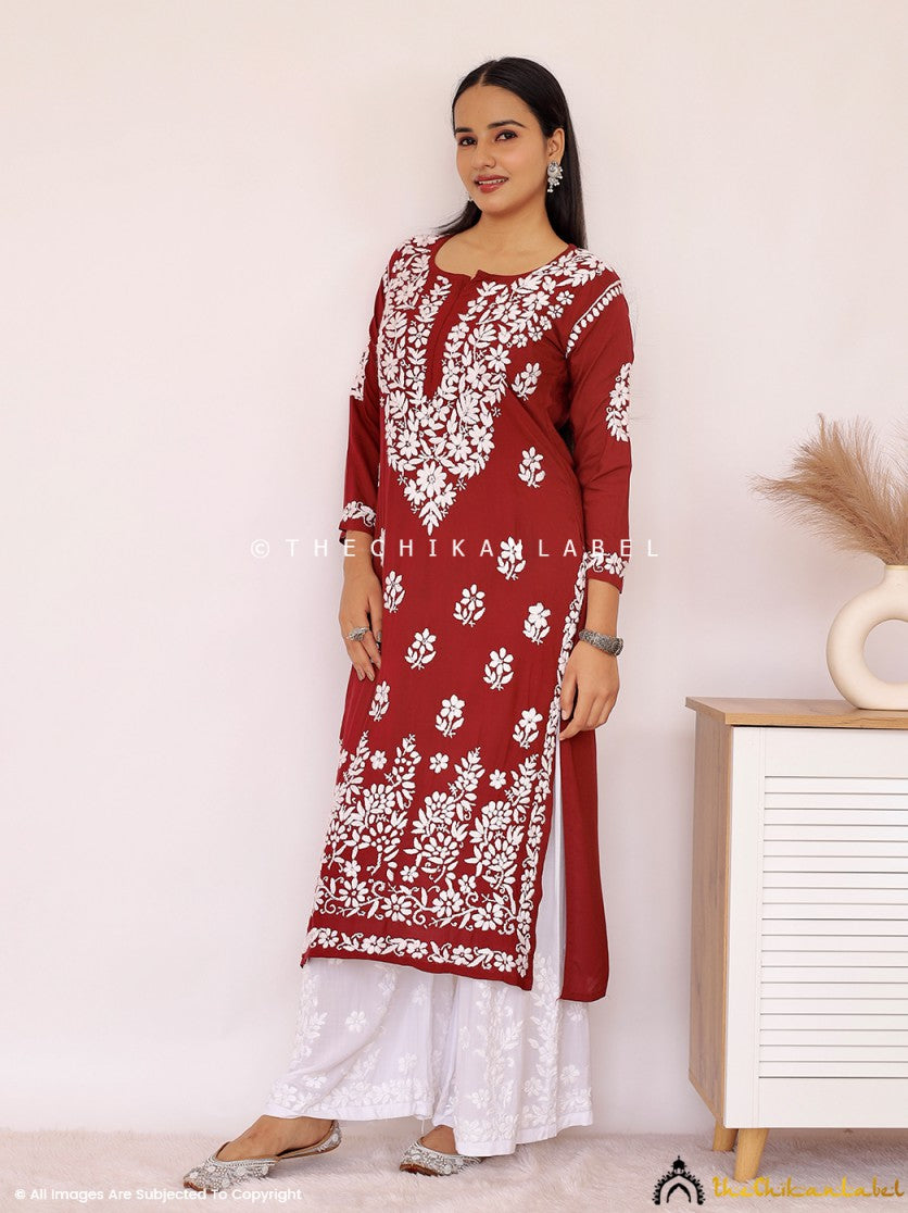 Maroon Aashi Modal Chikankari Straight Kurti